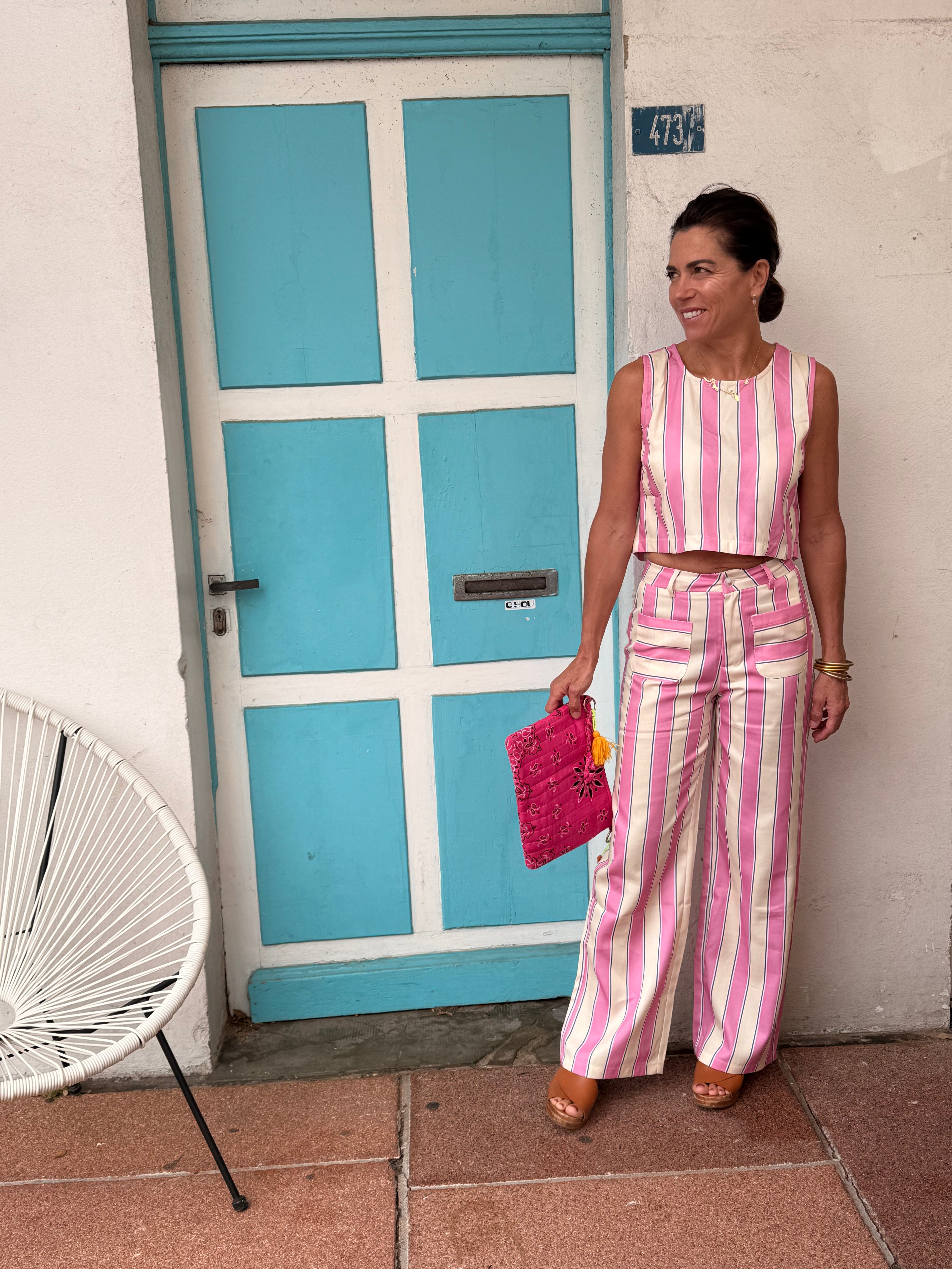 Ensemble rayé,  jaune et rose